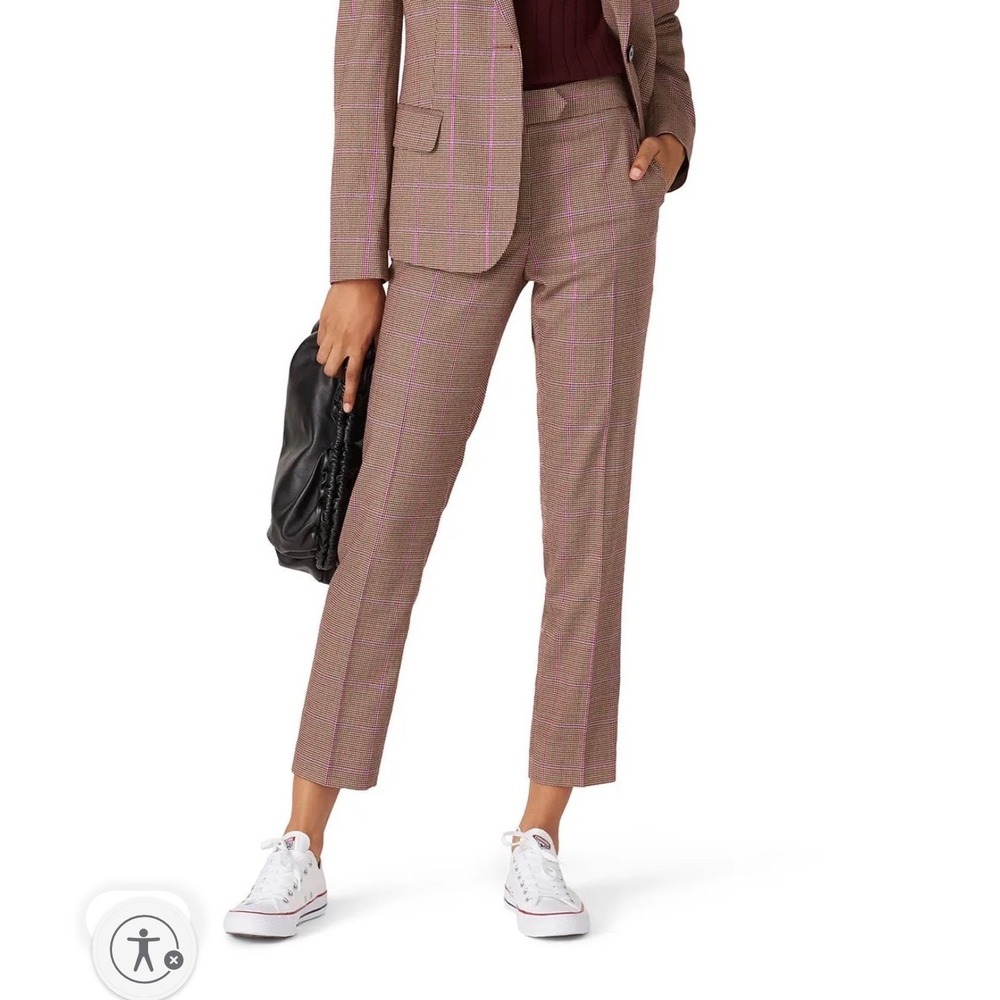 Milly Houndstooth Plaid Pants 2 Pink Brown Womens Ankle Slim Suit Trousers